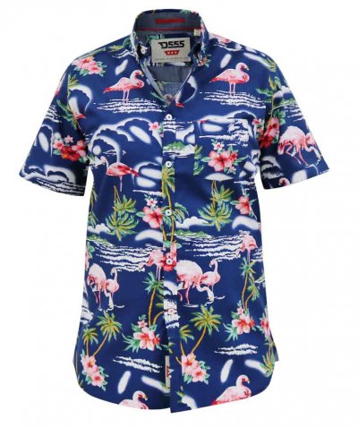 DURHAM-D555 Flamingo Hawaiian Ao Print Short Sleeve Button Down Collar Shirt-Blue-4XL