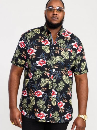 WILTON-D555 Hawaiian Ao Print Short Sleeve Button Down Collar Shirt-Black-5XL