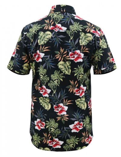 WILTON-D555 Hawaiian Ao Print Short Sleeve Button Down Collar Shirt-Black-5XL