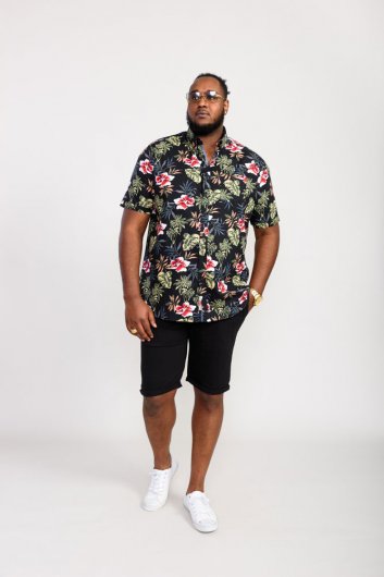 WILTON-D555 Hawaiian Ao Print Short Sleeve Button Down Collar Shirt-Black-5XL