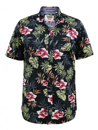 WILTON-D555 Hawaiian Ao Print Short Sleeve Button Down Collar Shirt-Black-LT