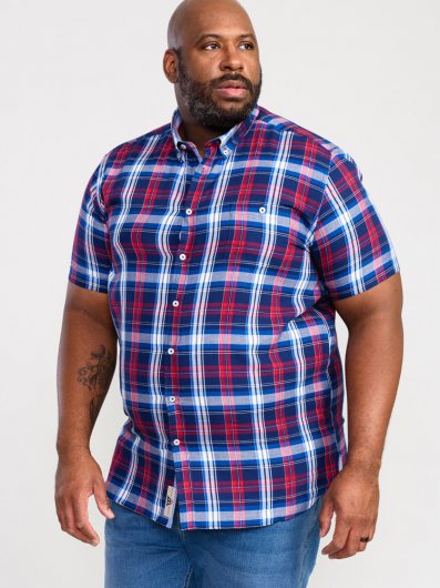 PORTLAND-D555 Check Button Down Collar S/S Shirt With Pocket-Blue-2XL