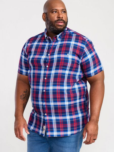 PORTLAND-D555 Check Button Down Collar S/S Shirt With Pocket-Blue-4XL