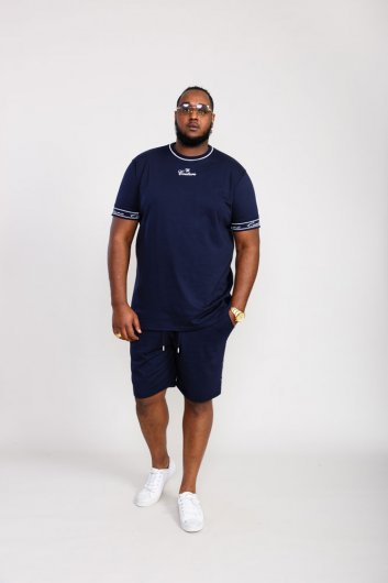 RAMSEY-D555 Couture Crew Neck T-Shirt With Chest Print With Branded Rib Cuffs-Navy-3XL