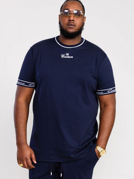 RAMSEY-D555 Couture Crew Neck T-Shirt With Chest Print With Branded Rib Cuffs-Navy-4XL