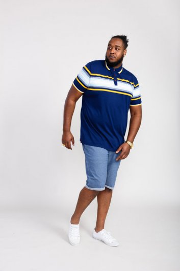 PELDON-D555 Chest Stripe Jersey Polo Shirt-Denim-2XL