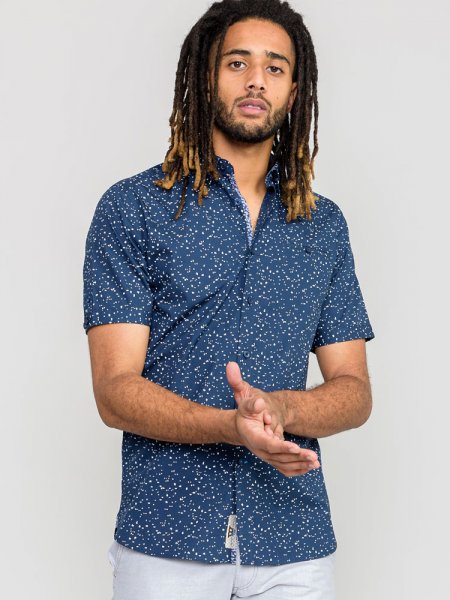 FINDON-D555 S/S Micro Ao Print Shirt With Hidden Button Down Collar & Pocket